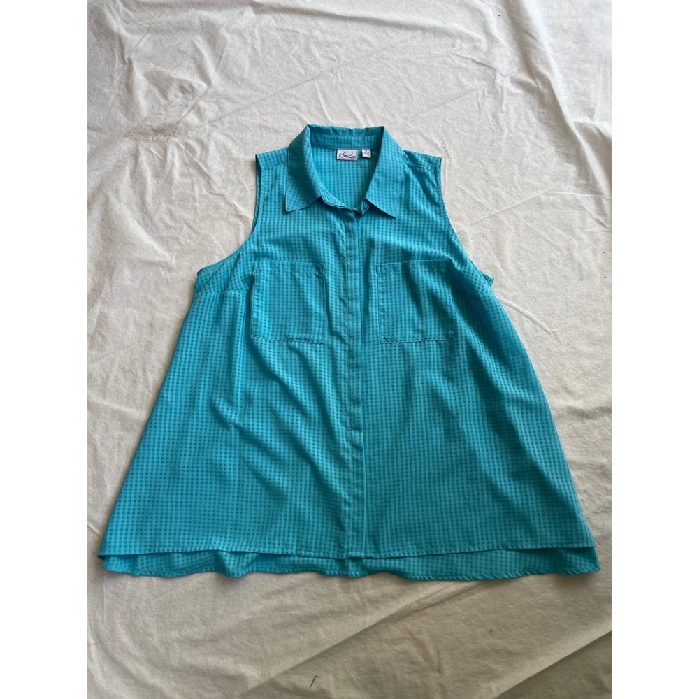 Kim Rogers Womens Plus 1X Turquoise Blue Check Sleeveless Button Up Blouse Top